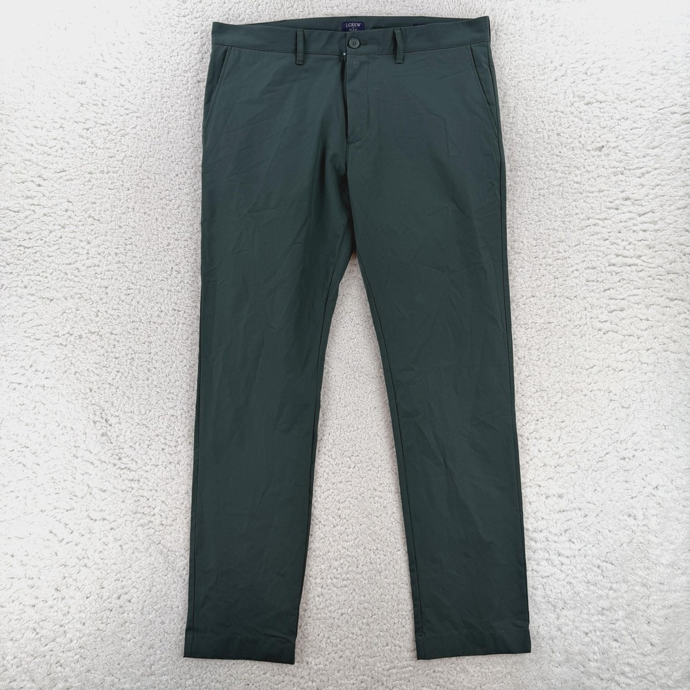 J Crew Flex Chino Pants Mens 34x32 Green Slim Fit Microfiber Casual Office Wear